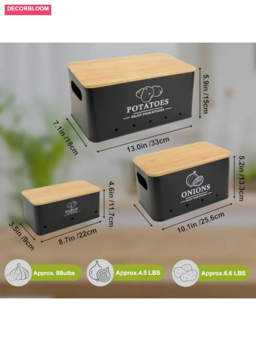 Metal Vegetable Storage Set of 3 Kitchen Canisters with Bamboo Lids, Aerating